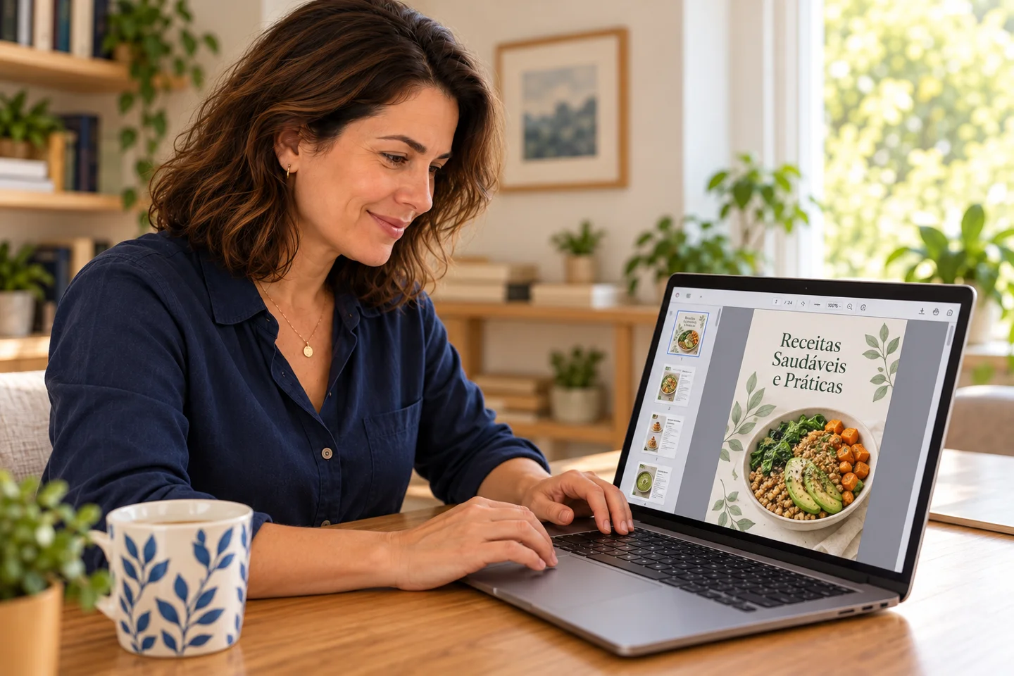 Cena ilustrativa de uma pessoa revisando a capa e as páginas de um PDF de exemplo.