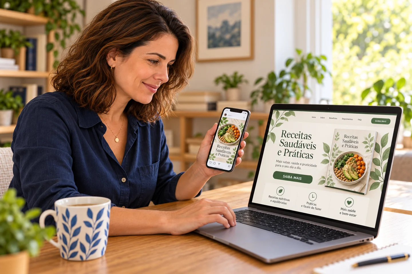 Cena ilustrativa com a página de vendas de um produto de exemplo e uma postagem no celular.