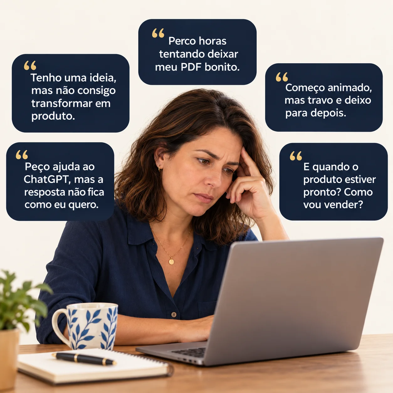 Pessoa cercada por dificuldades: organizar a ideia, pedir ao ChatGPT, deixar o PDF bonito, concluir e divulgar.
